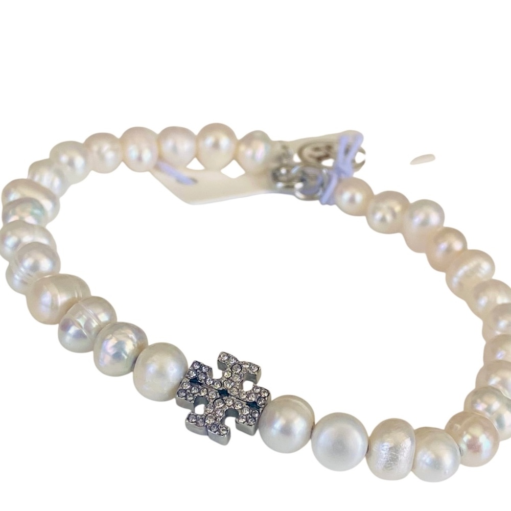 New Tory Burch Cultured Pearl & Pave Logo Bracelet with Tag & Dust Bag $275